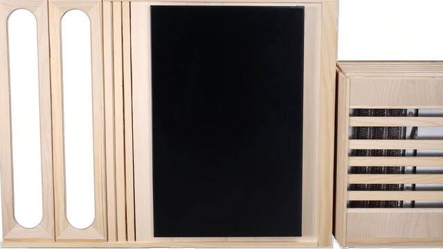 A flat black carbon infrared heating panel beside a slatted heater containing ceramic rod emitters
