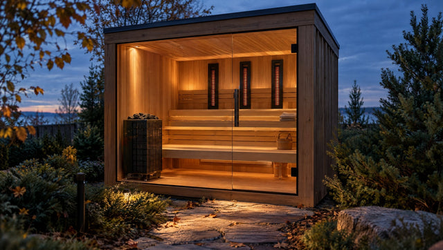 Illustration of an outdoor cabin sauna at dusk with a stove and infrared panels visible through its glass front