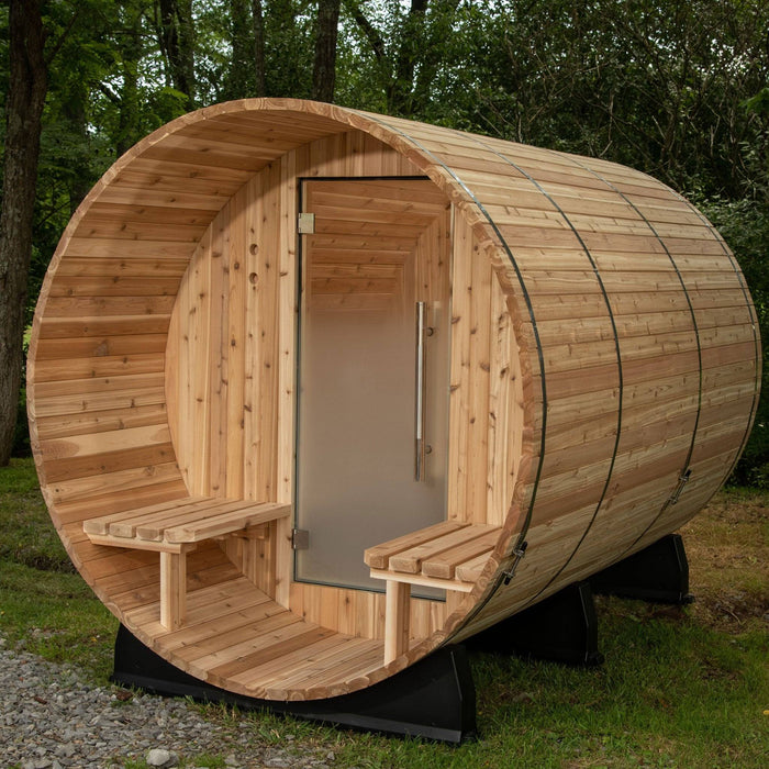 Almost Heaven Charleston 4 Person Barrel Sauna with Rinse Ellipse Outdoor Shower Deluxe Package