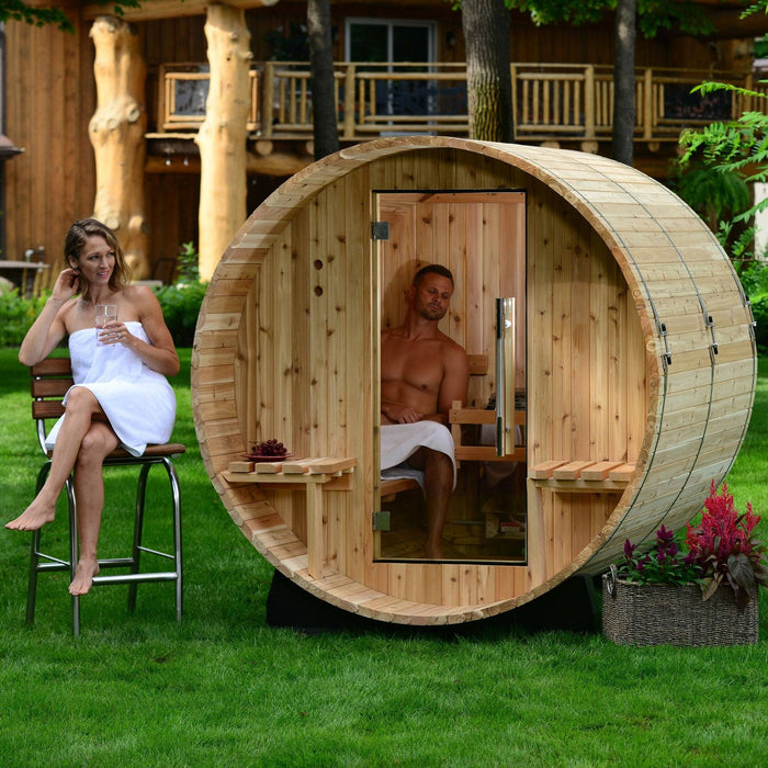 Almost Heaven Audra 4 Person Barrel Sauna with Rinse Ellipse Outdoor Shower Deluxe Package