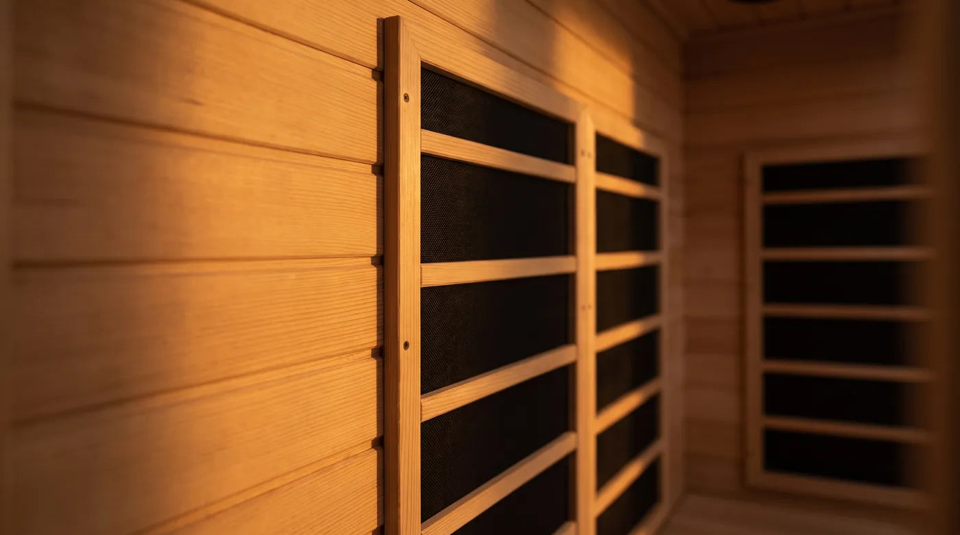Close-up of the low-EMF carbon heating panels in hemlock framing