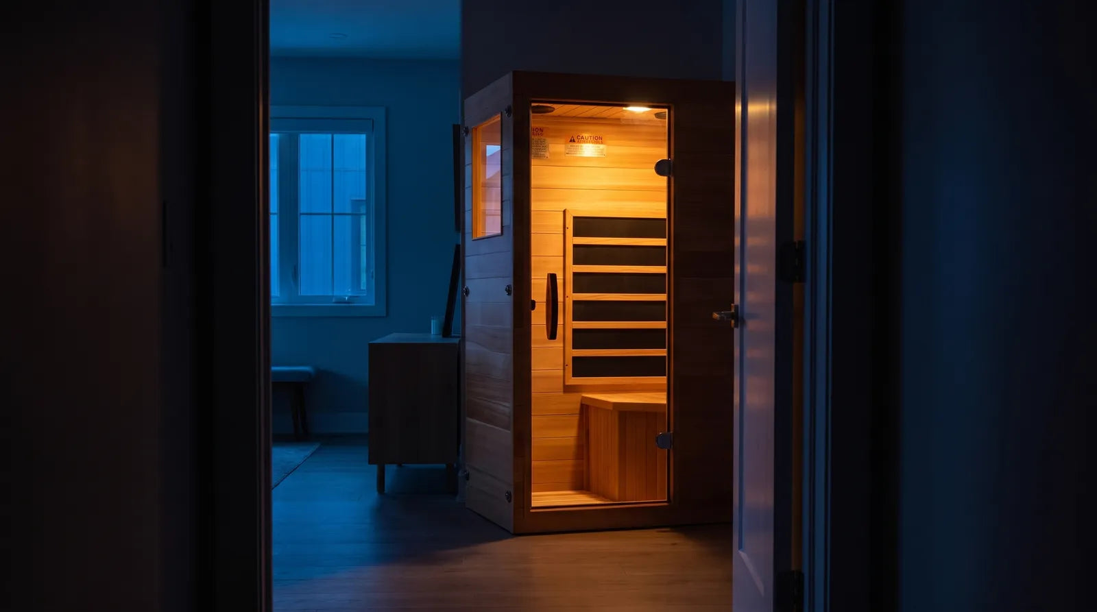 Infrared sauna glowing at dusk through an open doorway