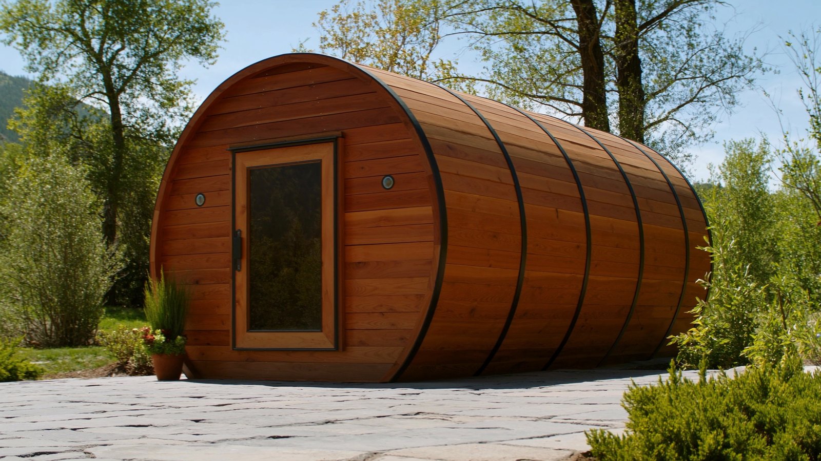 Western red cedar barrel sauna with black steel band hoops on a stone patio in a mountain garden