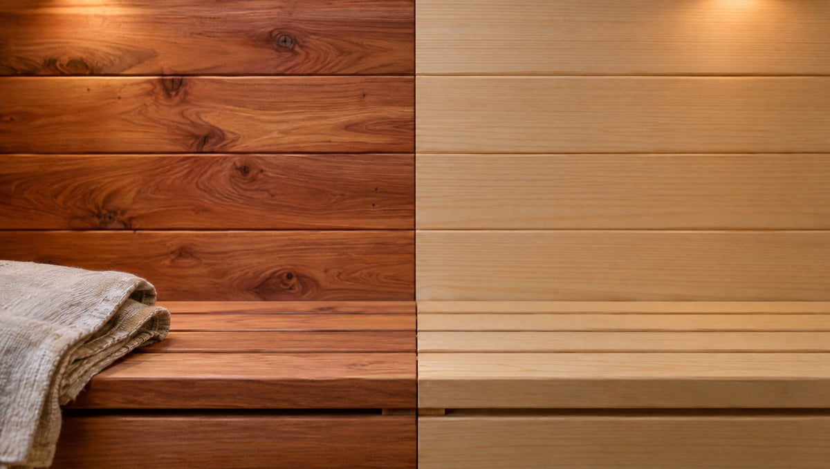 Illustration comparing reddish cedar and pale hemlock sauna wall boards and bench