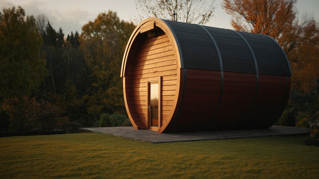 Cedar barrel sauna with a dark shingle roof on a paved base in a landscaped garden at sunset