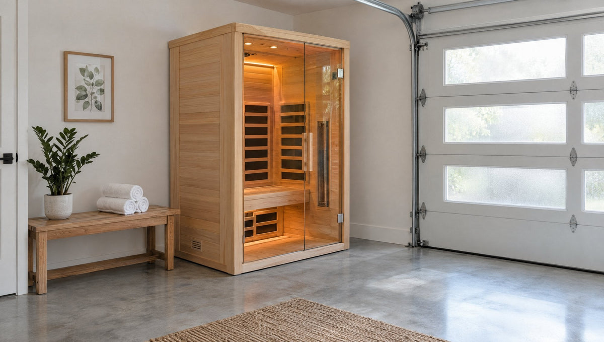 Illustration of a two-person infrared sauna in a finished garage with a sealed concrete floor