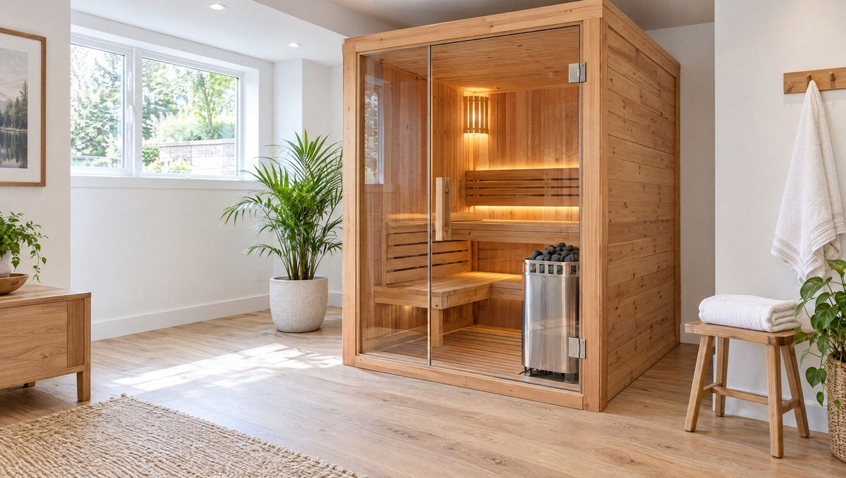 Indoor cedar traditional sauna cabin with a glass door and electric heater in a home wellness room (illustration)