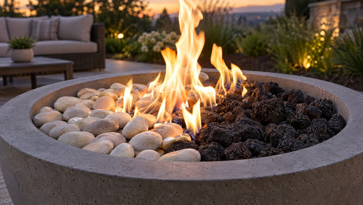 Illustration comparing pale beachstone and black lava rock under a gas flame in a concrete fire bowl