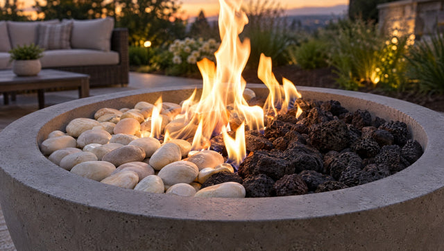 Illustration comparing pale beachstone and black lava rock under a gas flame in a concrete fire bowl