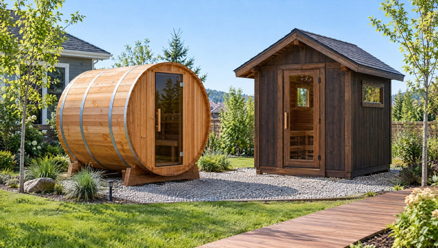 Cedar barrel sauna and a small cabin-style outdoor sauna side by side in a backyard (illustration)
