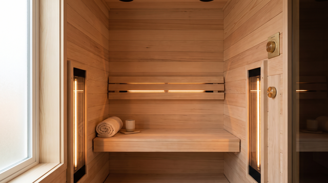 Interior of a low-EMF infrared sauna cabin in Canadian hemlock, with glowing far-infrared heater panels either side of the bench