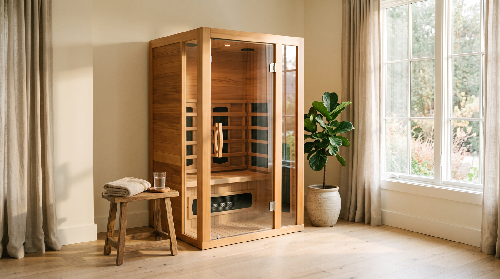 A two-person home infrared sauna cabin installed in a bright living room, with a folded towel and a glass of water on a wooden stool beside it
