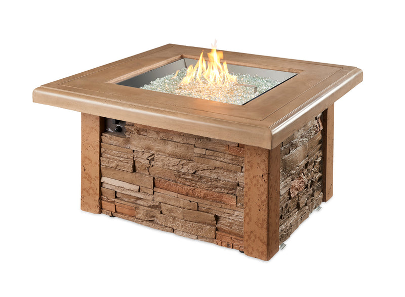 Sierra Square Gas Fire Pit Table — with the burner lit