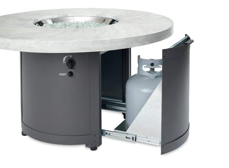 White Onyx Beacon Round Gas Fire Pit Table — propane tank access door
