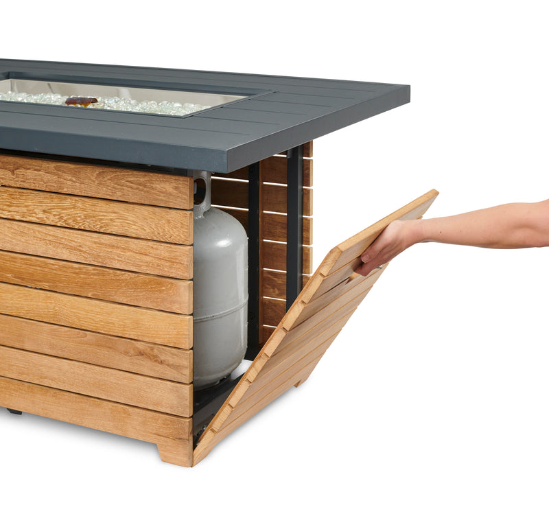 Darien Rectangular Gas Fire Pit Table with Aluminum Top — propane tank access door