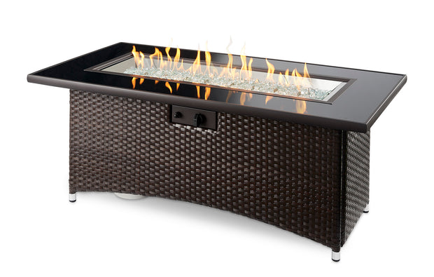 Balsam Montego Linear Gas Fire Pit Table — with the burner lit