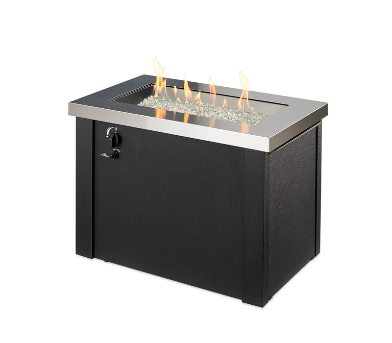 Stainless Steel Providence Rectangular Gas Fire Pit Table — with the burner lit