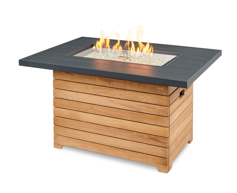 Darien Rectangular Gas Fire Pit Table with Aluminum Top — with the burner lit