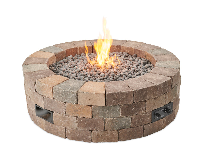 Bronson Block Round Gas Fire Pit Kit — with the burner lit