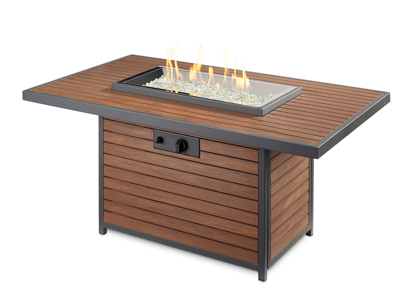 Kenwood Rectangular Chat Height Gas Fire Pit Table — with the burner lit