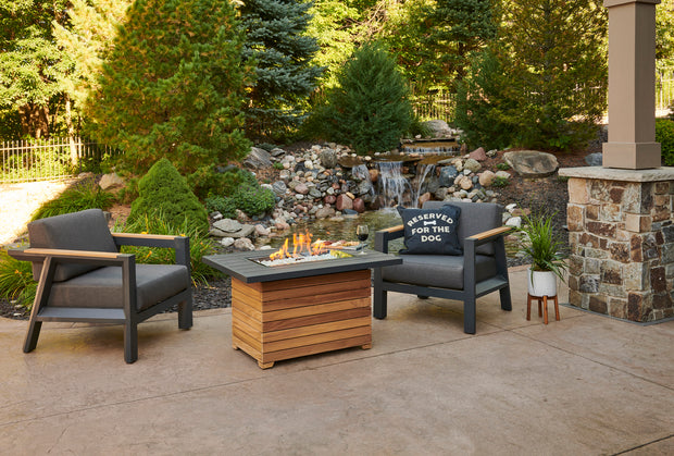 Darien Rectangular Gas Fire Pit Table with Aluminum Top — with the burner lit