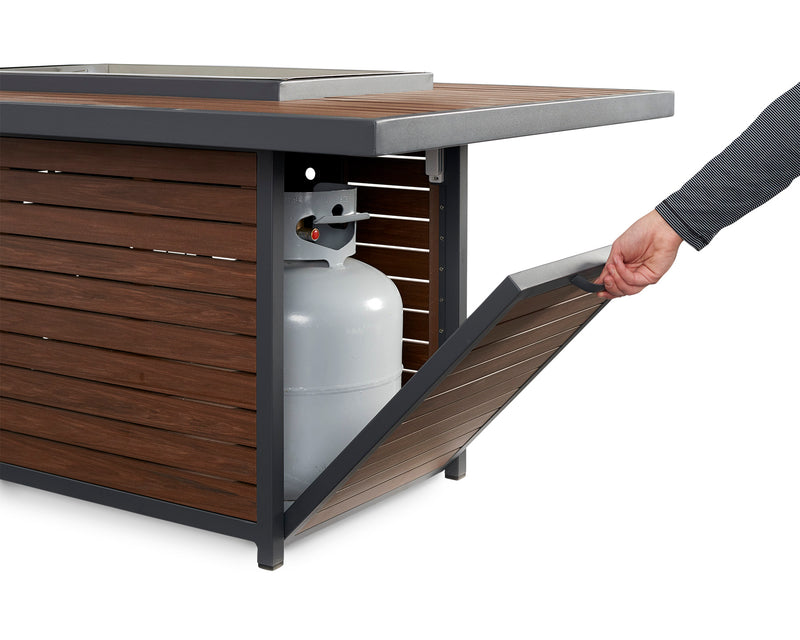 Kenwood Rectangular Chat Height Gas Fire Pit Table — propane tank access door