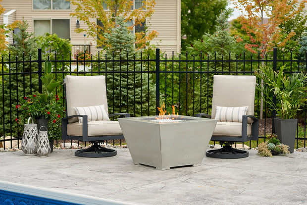 Cove Square Gas Fire Pit Bowl — with the burner lit