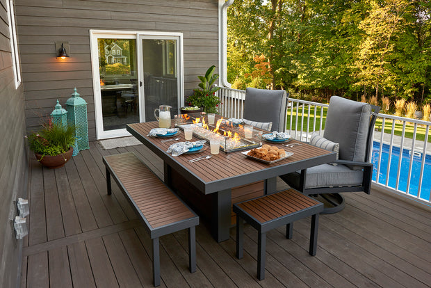Kenwood Linear Dining Height Gas Fire Pit Table — with the burner lit