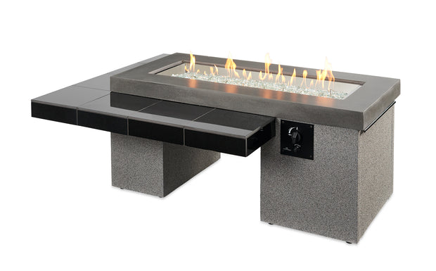 Black Uptown Linear Gas Fire Pit Table — with the burner lit