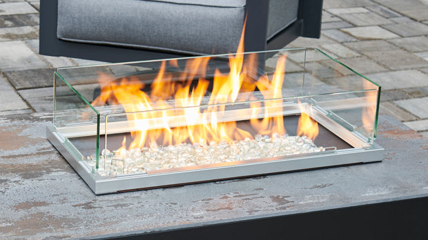 12" x 24" Linear Folding Glass Wind Guard β with the burner lit
