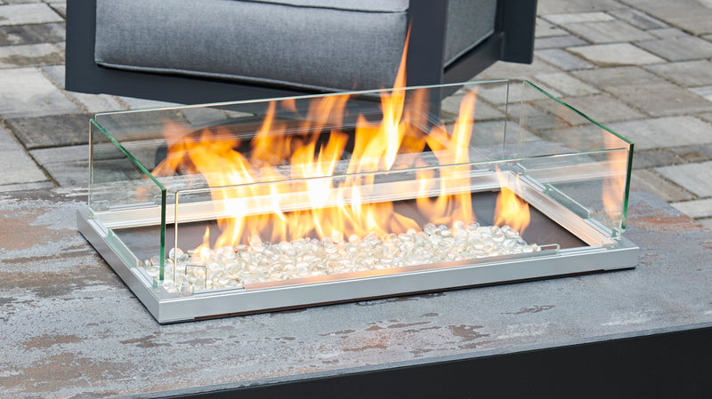12" x 24" Linear Folding Glass Wind Guard — with the burner lit