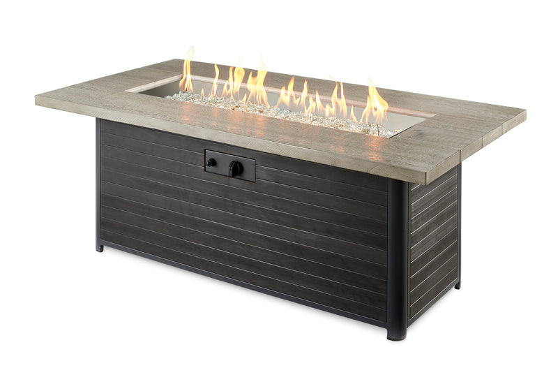 Cedar Ridge Linear Gas Fire Pit Table — with the burner lit