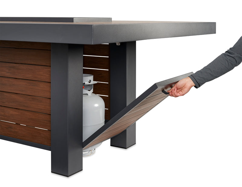Kenwood Linear Dining Height Gas Fire Pit Table — propane tank access door