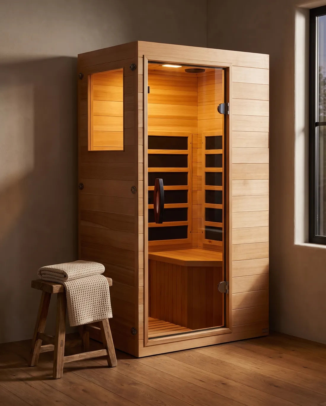 Dynamic Sicily infrared sauna glowing in a warm home wellness corner at evening