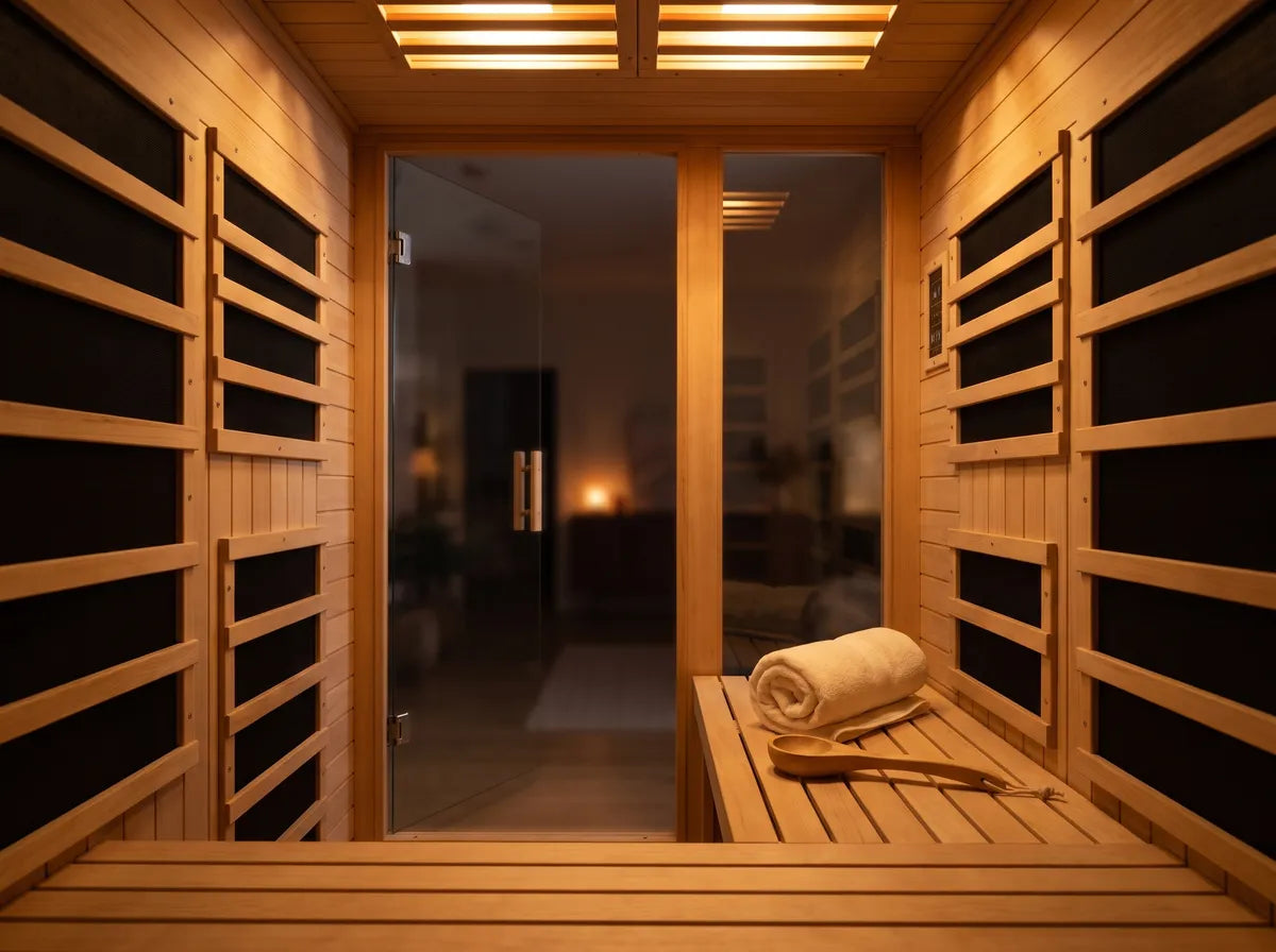 Inside an infrared sauna: bench with rolled towel in warm amber light
