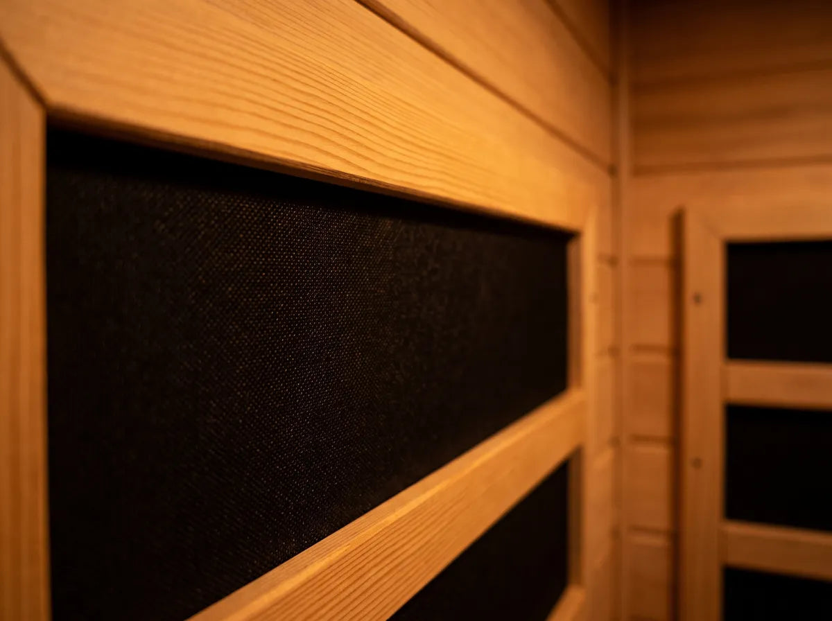 Close-up of the carbon heating panels inside a hemlock infrared sauna