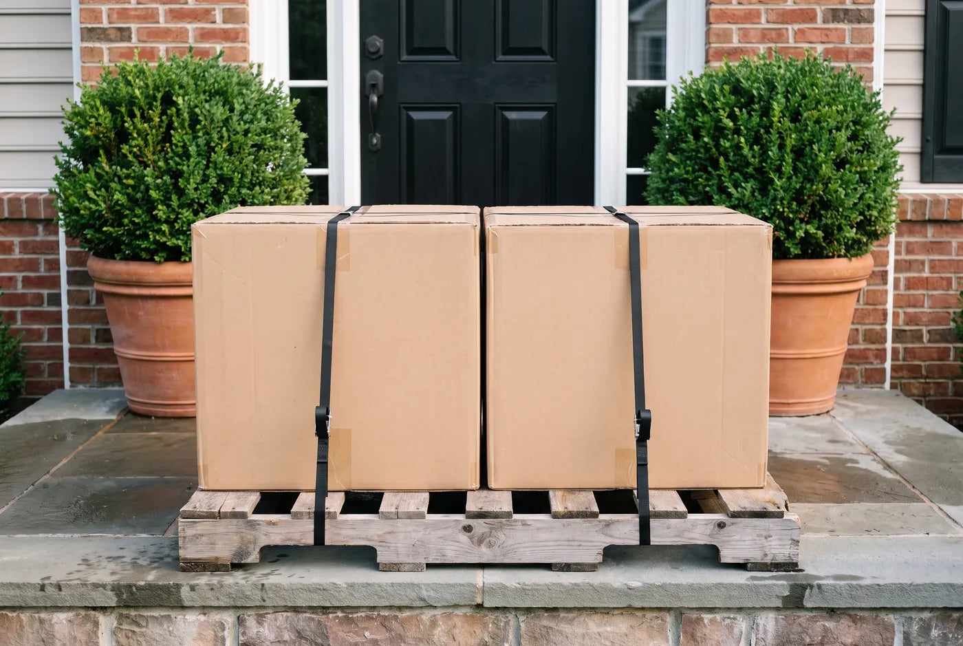 Flat-packed sauna panels delivered curbside on a front porch